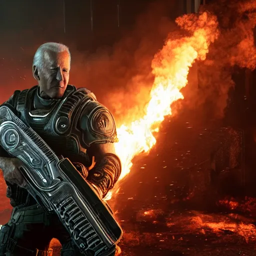 Image similar to joe biden with flamethrower in gears of war, splash art, movie still, cinematic lighting, ray tracing, octane render, long lens, shallow depth of field, bokeh, anamorphic lens flare, 8 k, hyper detailed, 3 5 mm film grain