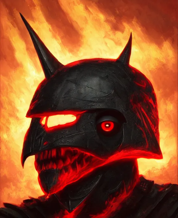 Prompt: a detailed portrait of a menacing armoured dark lord with glowing red eyes and a crown of fire by Tyler Edlin and Moebius, 4k resolution, photorealistic