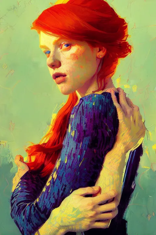 Prompt: portrait of a beautiful redhead girl, complementary colors, beautiful face, rule of thirds, intricate outfit, spotlight, by greg rutkowski, by jeremy mann, by francoise nielly, by van gogh, digital painting