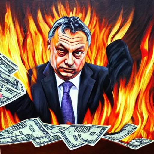 Prompt: viktor orban burning cash, oil painting