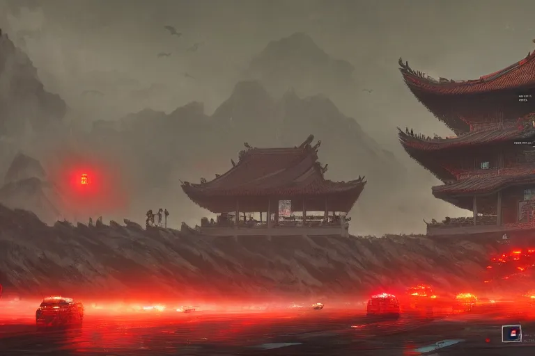 Prompt: a convoy of programmers are marching to chinese palace, big red dragon flying above them, dark atmosphere, light above palace, digital art, trending on artstation