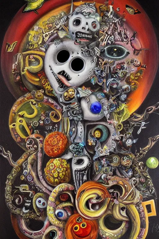 Prompt: an infinitely detailed oil painting of precolombine symbols by tim burton inspired | atmospheric