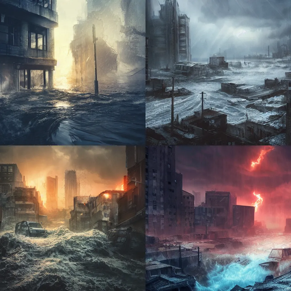 Prompt: wall of water going through city, apocalyptic, end of the world, high detail, dramatic lighting, volumetric, artstation, behance, postapocalyptic world, exploding homes