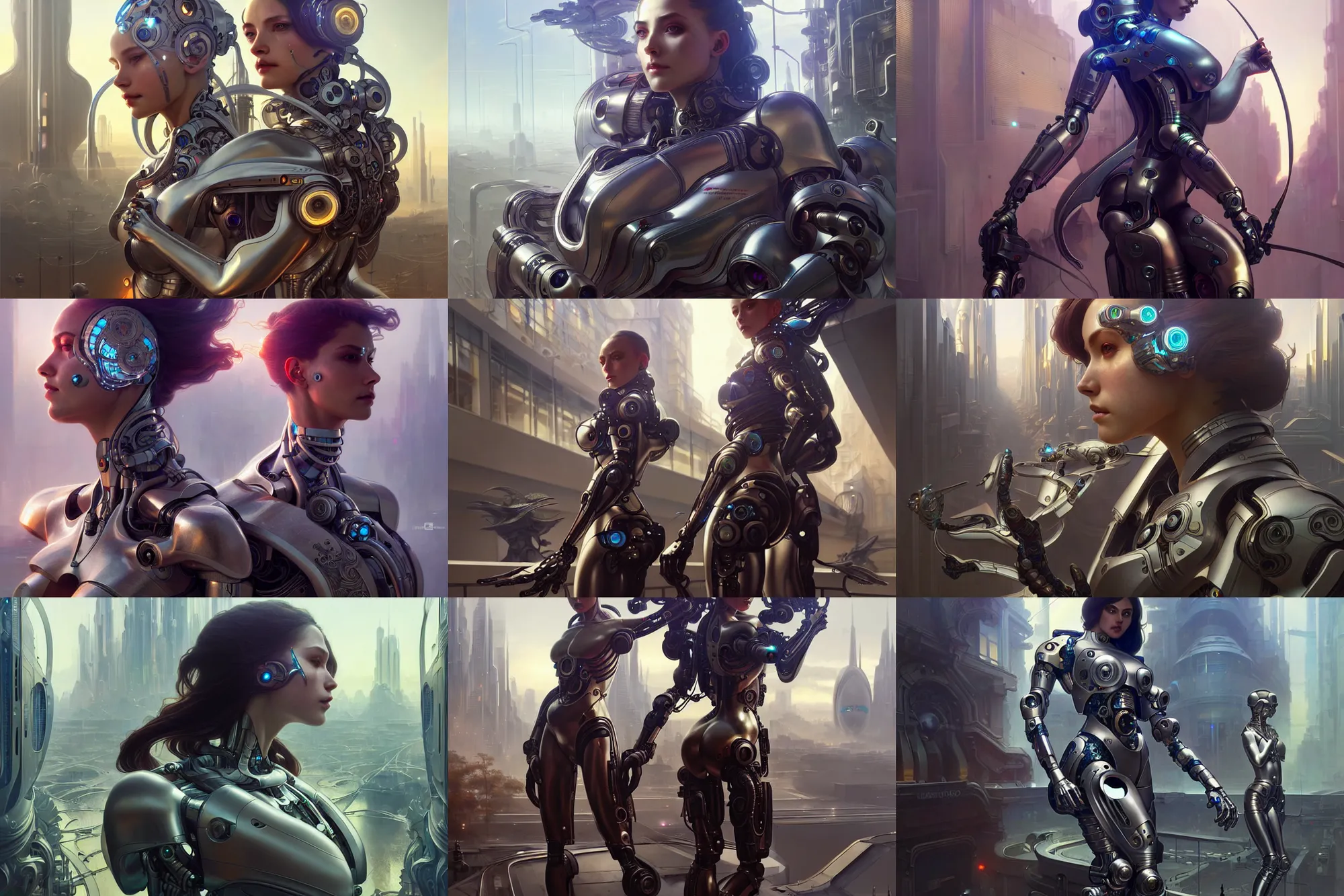 Prompt: ultra realistic, beautiful female cyborgs in a futuristic utopian street, sci - fi, intricate details, eerie, highly detailed, octane render, 8 k, art by artgerm and alphonse mucha and greg rutkowski