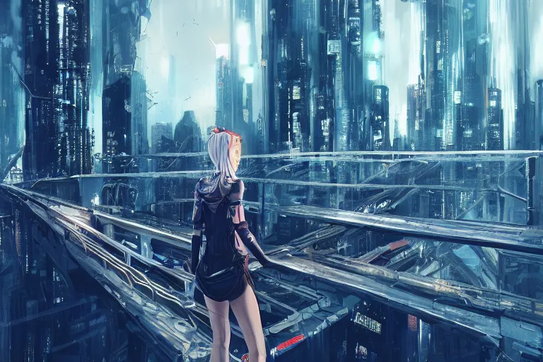 Image similar to a beautiful picture of a girl standing on top of a bridge over a city, cyberpunk art by vincent lefevre,