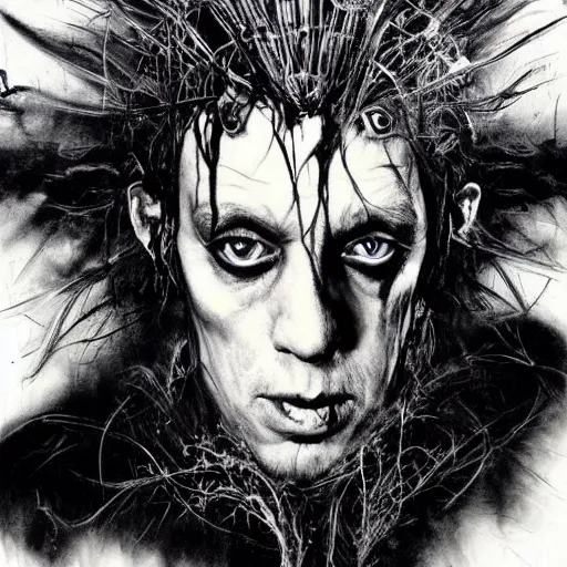 Image similar to stunning portrait of gaunt max von sydow a ( the cure fan ) as dream from sandman, dim stars as eyes, by jeremy mann, by cedric peyravernay, by by russ mills, by richard avedon and ben templesmith, dramatic lightning, sadness, dark eye sockets, in the shadows, punk rock, gothic, high detailed, 8 k