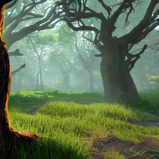 Image similar to warrior cats forest, unreal engine, cliff, cool, vines, sunrays