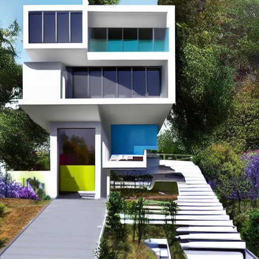 Prompt: a beautiful colorful modern house designed by Escher