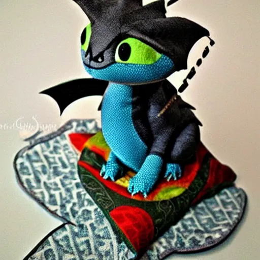 Prompt: adorable dragon in the style of how to train your dragon sitting on top of fabric bolts with a sewing machine