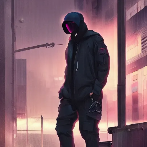 Image similar to A broad shouldered, muscular man wearing Acronym p-31 Ds pants and J1W-GTPL jacket and Nike Acronym presto sneakers, Police sirens shining in far background, trending on r/techwearclothing, high quality, digital art, dirty cyberpunk city, rain, greg rutkowski