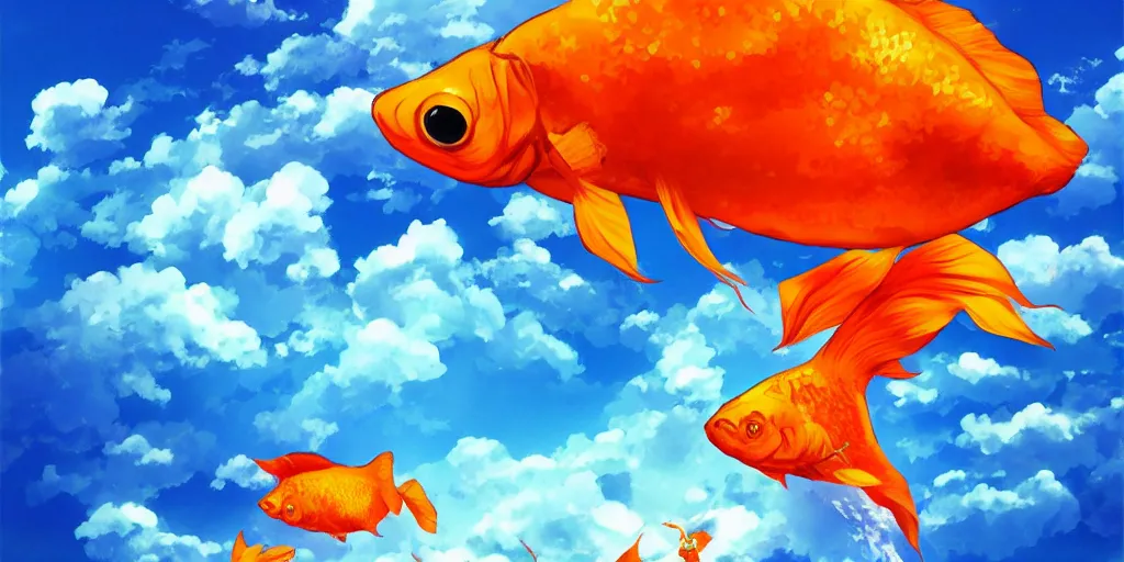 Image similar to giant goldfish swimming through the big puffy clouds, large polygonal background elements, large polygons, dramatic anime, dramatic lighting, artgerm, manga, trending on artstation, art nouveau, mature colors