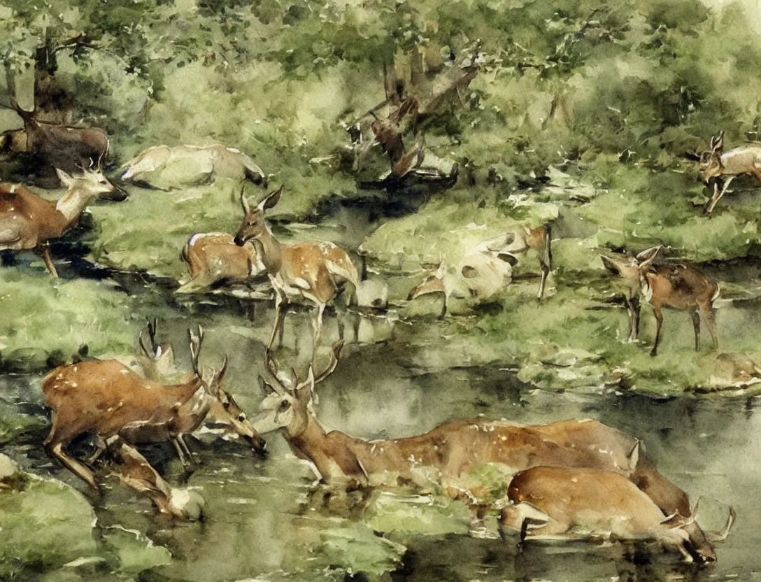 Image similar to watercolor sketch by anders zorn, deer drinking water by pond, nature art mockup