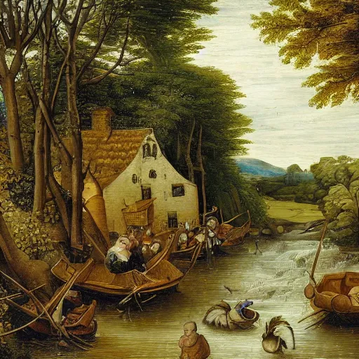 Prompt: An intricate, extremely detailed painting in a style of Breughel featuring a river in Europe, surrounded by trees and fields. A dinghy is slowly moving through the water. Sun is shining.