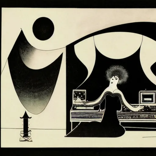 Image similar to the somnambulist from the cabinet of dr. caligari playing a large moog modular synthesizer, style of aubrey beardsley!!