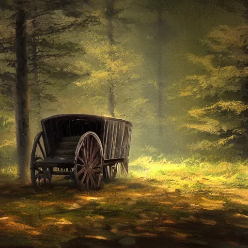 Image similar to an abandoned wagon in the woods, concept art, rutkowski