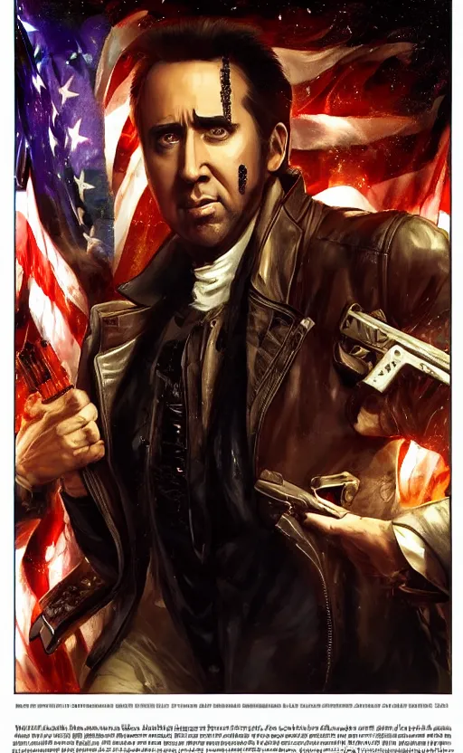 Prompt: nicolas cage stealing the declaration of independence in cyberpunk 2077. Cinematic, hyper realism, realistic proportions, dramatic lighting, high detail 4k. Concept art by James Gurney and Laurie Greasley. ArtstationHQ. Creative character design for cyberpunk 2077.