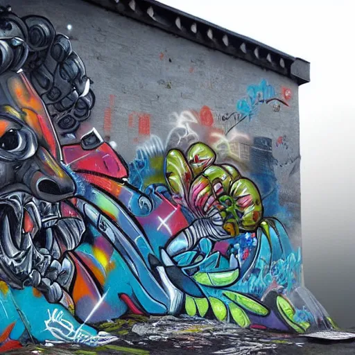 Prompt: giant walls with amazing graffitis, inky, mist, hyper detailed, photorealistic, hd