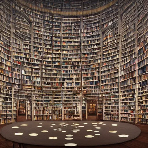 Prompt: A magical mathematical library, with lots of shelves of books and huge glass summoning circles. The shelves are etched with fractal patterns. Glass windows overlook a foggy outside world. Cultists walk the halls. Photograph. Photorealistic. Professional. Awesome.