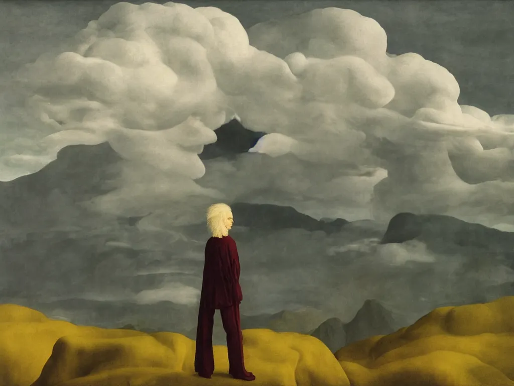 Image similar to albino mystic, with his back turned, looking at a storm over over the mountains in the distance. Painting by Jan van Eyck, Audubon, Rene Magritte, Agnes Pelton, Max Ernst, Walton Ford