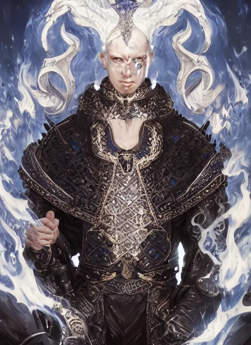 Image similar to high intricate middle aged blue eyed male priest with white baroque armor and black garment fighting a fire demon, maria panfilova, andrea savchenko, mike kime, ludovic plouffe, qi sheng luo, oliver cook, trending on artstation