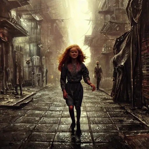 Prompt: close view of sadie sink. runs desperately | a mechanical monstrosity runs toward sadie sink | background : alleyway near decaying tenements. concept art for scifi dystopian film. by nikolay makovsky, bob byerley, wadim kashin, andrea kowch. cinematic moody atmosphere, detailed and intricate, perfect anatomy