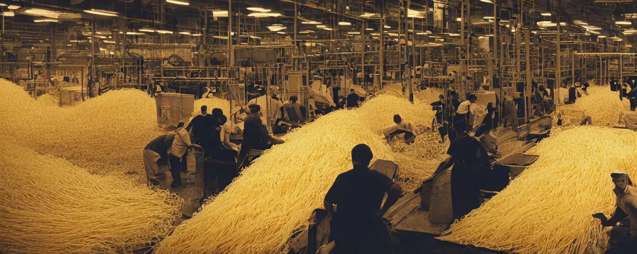 Image similar to a factory with workers handling giant mounds of spaghetti, canon 5 0 mm, cinematic lighting, photography, retro, film, kodachrome, closeup