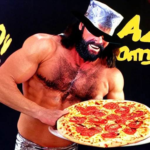 Image similar to macho man randy savage rubbing pizza over his muscled chest