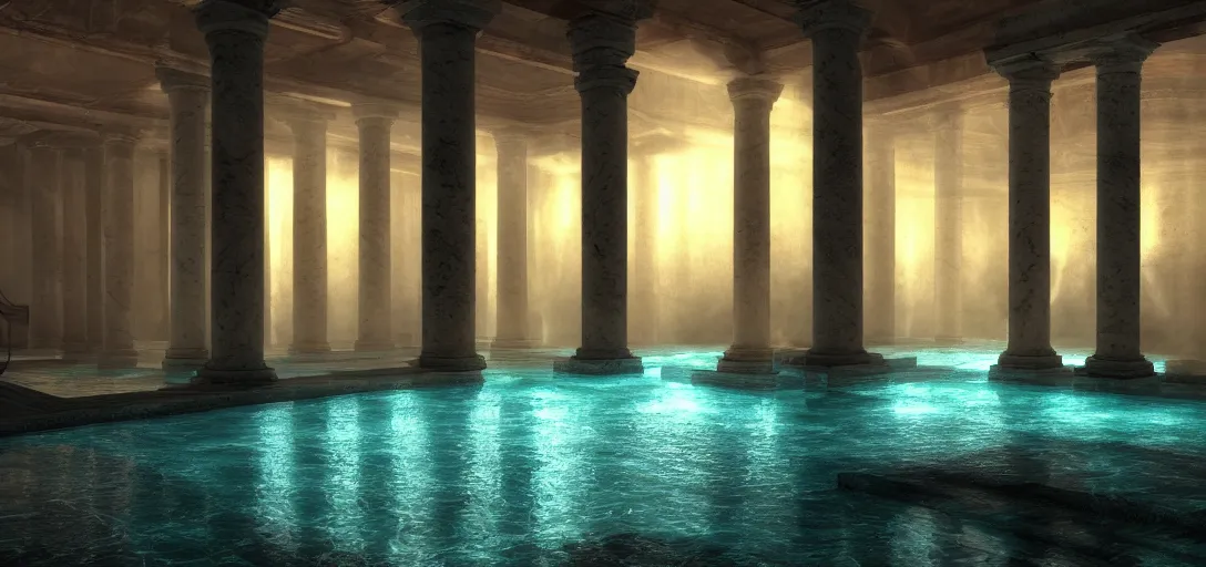 Image similar to dramatic photo of underground roman interior, ambient occlusion, glowing pool of water with realistic light refraction, caustics, making the pillars glow, ancient marble statues, raytracing, unreal engine, dramatic lighting, detailed,, global illumination, god rays, 3 d artstation by greg rutowski and jessica rossier