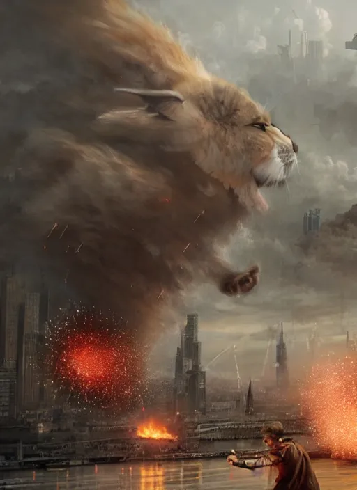 Image similar to hyper realistic giant fluffy caracal attacking moscow city harbor explosions, atmospheric beautiful details, strong composition painted by kim jung giu weta studio rutkowski, james gurney and greg rutkowski, and lucasfilm