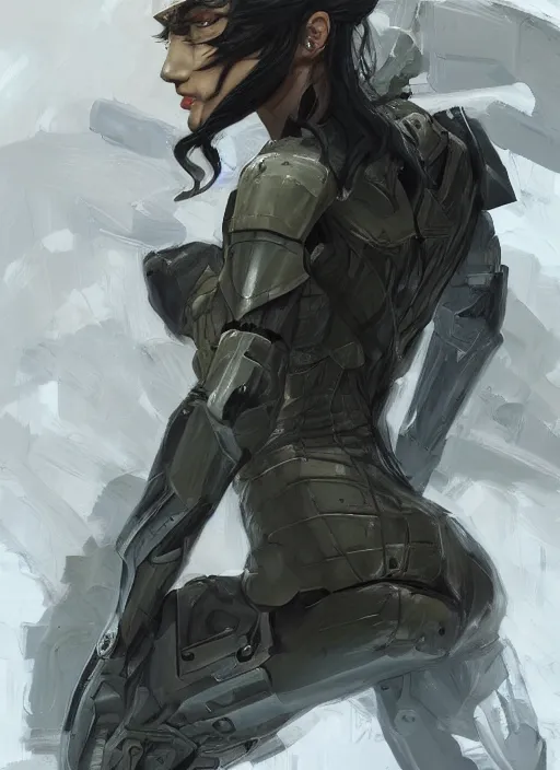 Image similar to a professional painting of a beautiful young female, clothed in stealth armor, military helmet, olive skin, long dark hair, beautiful bone structure, symmetrical facial features, intricate, elegant, digital painting, concept art, smooth, sharp focus, illustration, from Metal Gear, by Ruan Jia and Mandy Jurgens and Artgerm and William-Adolphe Bouguerea