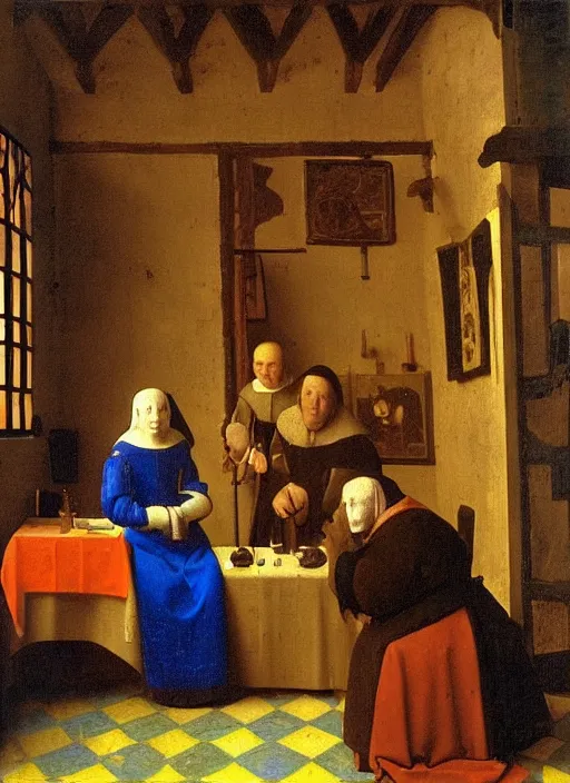 Image similar to date at the crowded medieval inn. Medieval painting, by Johannes Vermeer, Jan van Eyck