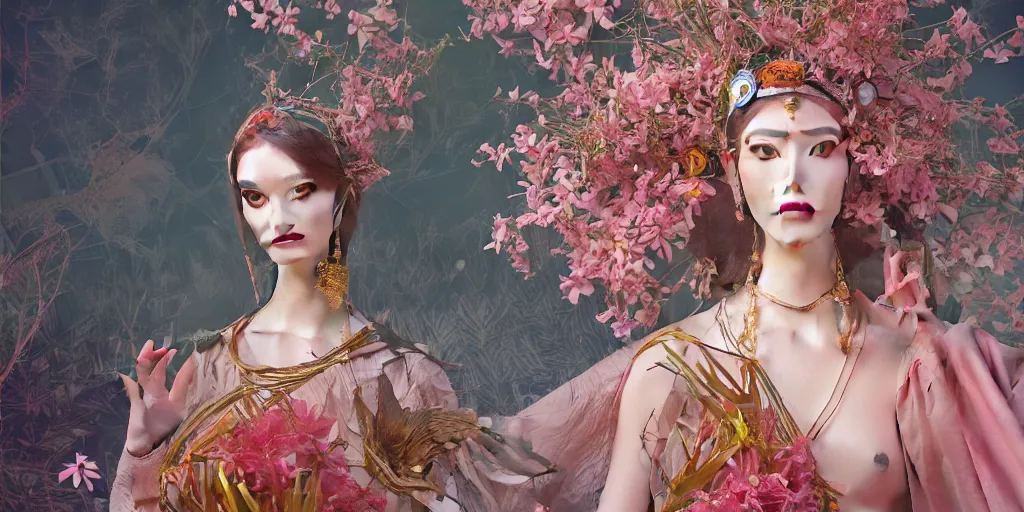 Image similar to breathtaking detailed concept art painting of the goddess of flamingo, orthodox saint, with anxious, piercing eyes, ornate background, amalgamation of leaves and flowers, by Hsiao-Ron Cheng and John James Audubon, extremely moody lighting, 8K