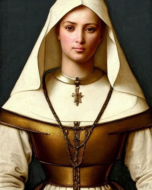 Image similar to kim kardashian as armored battle nun, delicate detailed medieval portrait in the style of eugene de blaas, perfect face