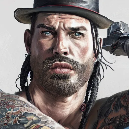 Image similar to highly detailed portrait of a tattooed gym bro in red dead redemption 2, stephen bliss, unreal engine, fantasy art by greg rutkowski, loish, rhads, ferdinand knab, makoto shinkai and lois van baarle, ilya kuvshinov, rossdraws, tom bagshaw, global illumination, radiant light, detailed and intricate environment