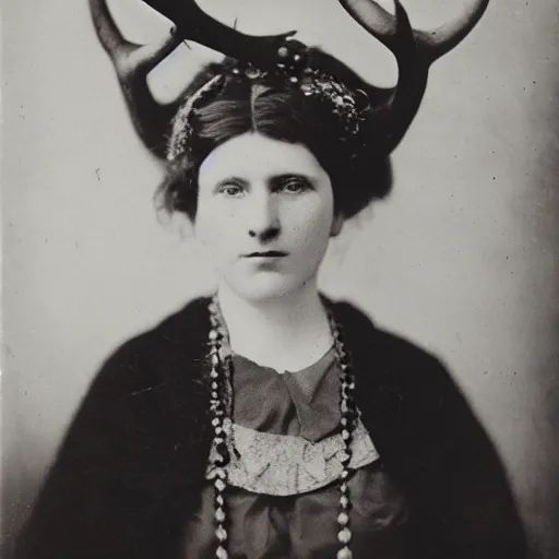 Image similar to portrait of a 19th century woman with antlers on her head, 1900s photography