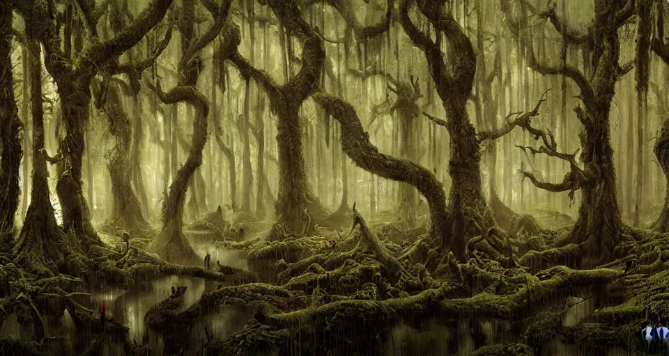 Prompt: A dense and dark enchanted forest with a swamp, by James Gurney