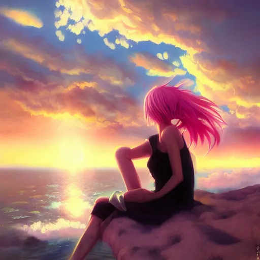 Image similar to anime girl with pink hair watching sunset, by lise deharme,