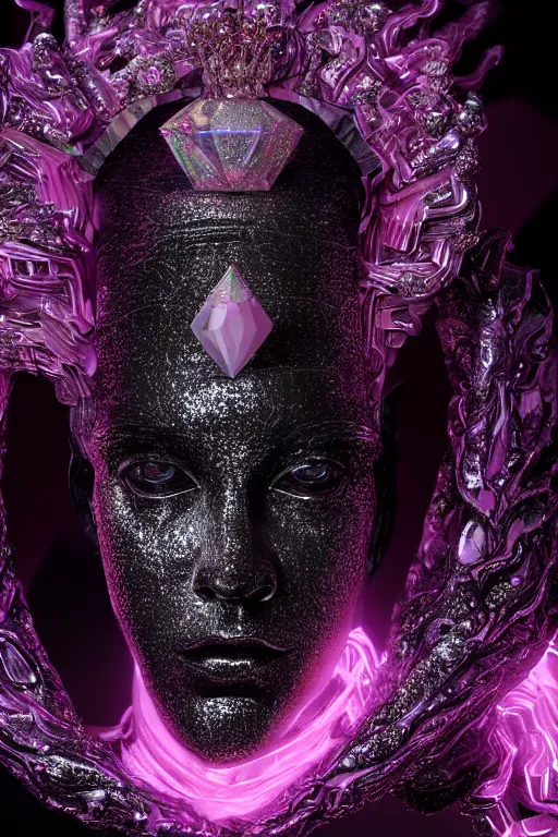 Prompt: hyper detailed ultra sharp portrait of baroque and bladerunner delicate glowing diamond sculpture of seductive muscular albino young spanish king, pink diamond black metallic sphinx iridescent humanoid deity wearing black cloak holding a prismatic gem, glowing pink face, crown of white diamonds, cinematic lighting, photorealistic, octane render 8 k depth of field 3 d