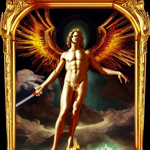 Prompt: Oil canvas of Lucifer, ruler of Inferno, capital sin of Pride, Superbia, natural blonde gold like hair, intricate sophisticated well rounded face, good bone structure, bright glowing eyes as LEDs and neon, lean body, porcelain looking skin, attractive and good looking, tall, invincible, poses triumphantly over Michael the archangel in Heaven, flaming sword, by Michelangelo, Caravaggio,Leonardo da Vinci, Raphael, Donatello and Sandro Botticelli, Dark Fantasy mixed with Socialist Realism, exquisite art, art-gem, dramatic representation, hyper-realistic, atmospheric scene, cinematic, trending on ArtStation, photoshopped, deep depth of field, intricate detail, finely detailed, small details, extra detail, attention to detail, detailed picture, symmetrical, 2D art, digital art, golden hour, oil painting, 8k, 4k, high resolution, unreal engine 5, octane render, arnold render, 3-point perspective, polished, complex, stunning, breathtaking, awe-inspiring, award-winning, ground breaking, concept art, nouveau painting masterpiece