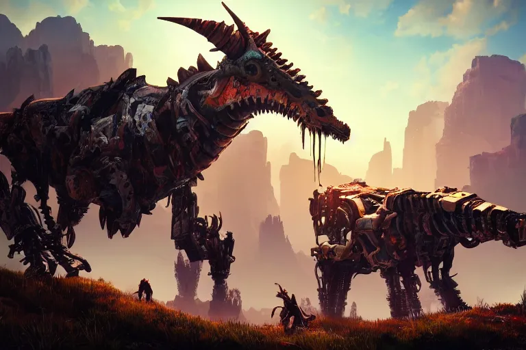 Image similar to grimhorn fanghorn machine mecanical creature robot of horizon forbidden west horizon zero dawn bioluminiscence global illumination ray tracing hdr fanart arstation by ian pesty and alena aenami artworks in 4 k