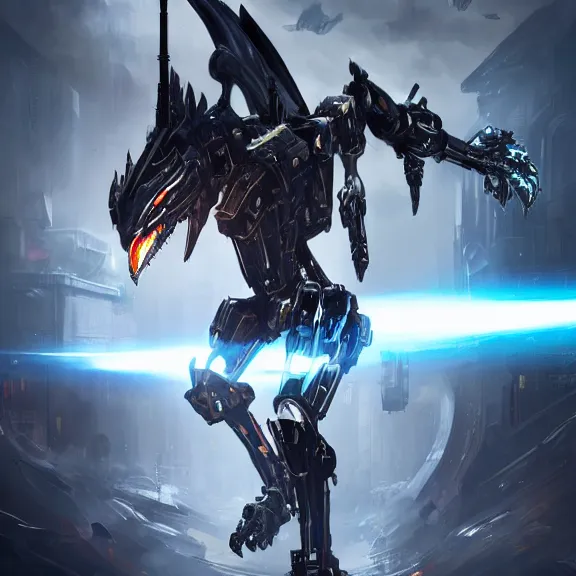 Image similar to cinematic shot, 35 foot tall stunning quadrupedal mecha dragon, sharp edged black armor, shining gold accents around the edges, sleek OLED blue visor for eyes, four legs, walking in busy neon city streets, sharp claws, epic shot, highly detailed art, sci fi, furry, 3D realistic, warframe fanart, destiny fanart, furry art, dragon art, feral art, macro art, furaffinity, DeviantArt, sofurry