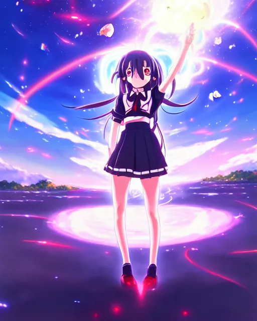 Prompt: anime style, vivid, expressive, full body, 4 k, painting, a cute magical girl with a long wavy black hair wearing a school uniform, defending from asteroid, stunning, realistic light and shadow effects, centered, simple background, studio ghibly makoto shinkai yuji yamaguchi