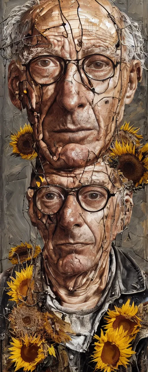 Prompt: a full length portrait of a very ordinary old man with a blank expression, Anselm Kiefer and Lucian Freud and Jenny Saville, oil painting, rust, Scaffolding, rusted metal and sunflowers, iron cladding, decay, mixed media, textured, anatomically correct, beautiful perfect face, visible brushstrokes, sharp focus, Highly Detailed, Cinematic Lighting, 8k, HD