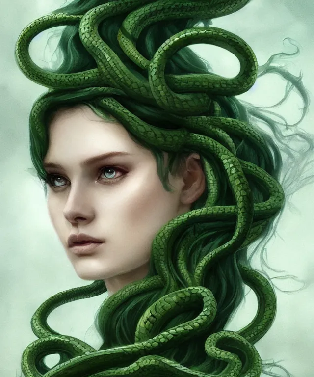 Prompt: medusa with snake hair by charlie bowater and titian and artgerm, full - body portrait, intricate, face, lake, toga, elegant, green mist, beautiful, highly detailed, dramatic lighting, sharp focus, trending on artstation, artstationhd, artstationhq, unreal engine, 4 k, 8 k