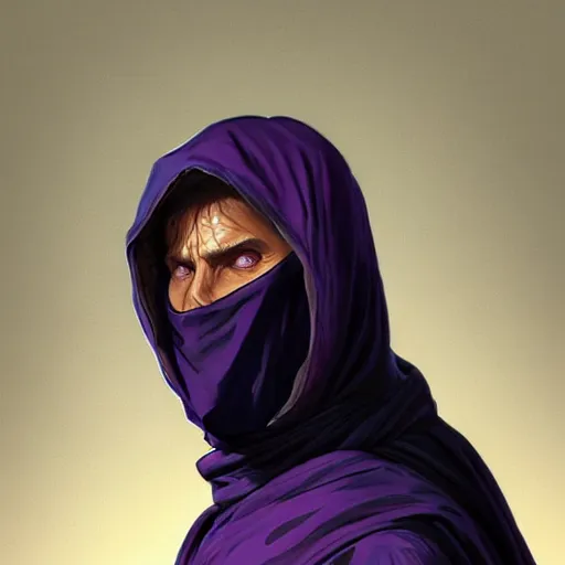 Image similar to ultra realistic illustration, man in a black hood, in a striped purple balaclava, mysterious, highly detailed, digital painting, artstation, concept art, smooth, sharp focus, illustration, art by artgerm and greg rutkowski and alphonse mucha