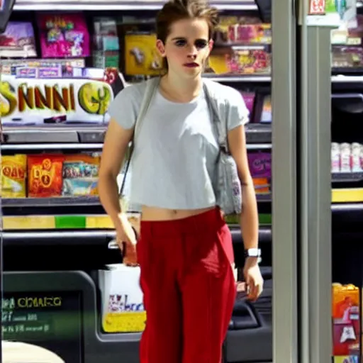 Image similar to Emma Watson wearing baggy pants at a 7-Eleven in GTA 5.