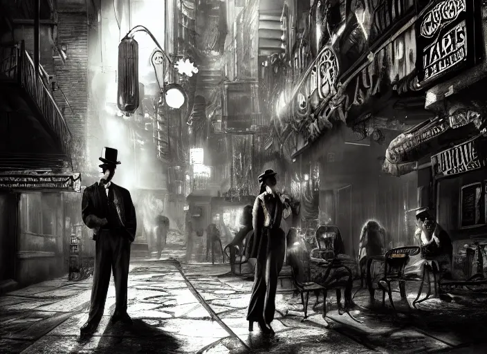 Image similar to people arguing in a film noir steampunk alley, psychedelic, fine texture, detailed, dramatic lighting, dark, neon