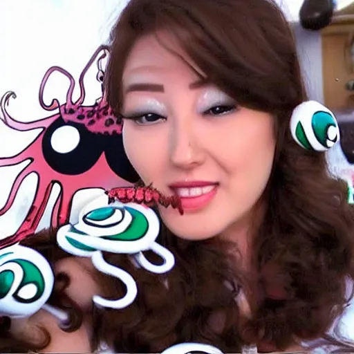 Prompt: flying adorable lady octopus with big eyelashes flirting with the cameraman, real footage, masterpiece