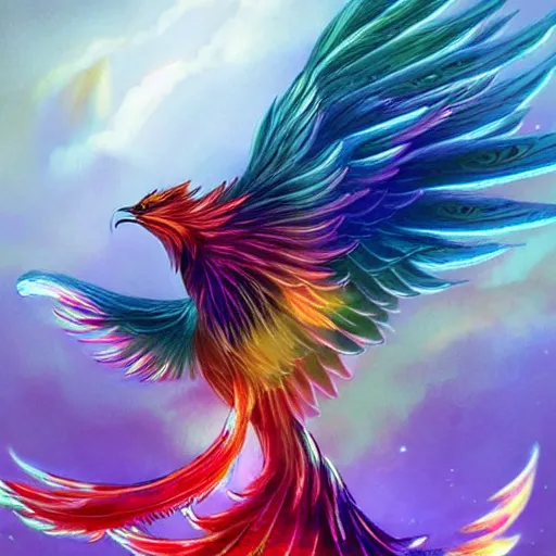 Image similar to stylized cute flying chinese phoenix, sparkling bird eyes, embers surrounding her wings, shining rainbow feathers, smooth features, feathers on fire, stylized art, digital painting, artstation, concept art, smooth, soft focus, beautiful rainbow colors, illustration, chinese phoenix art by Artgerm and greg rutkowski