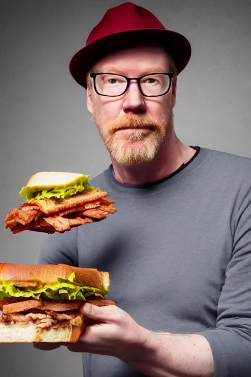 Image similar to 📷 portrait of adam savage with a sandwich for a head, still image, high resolution, 4 k